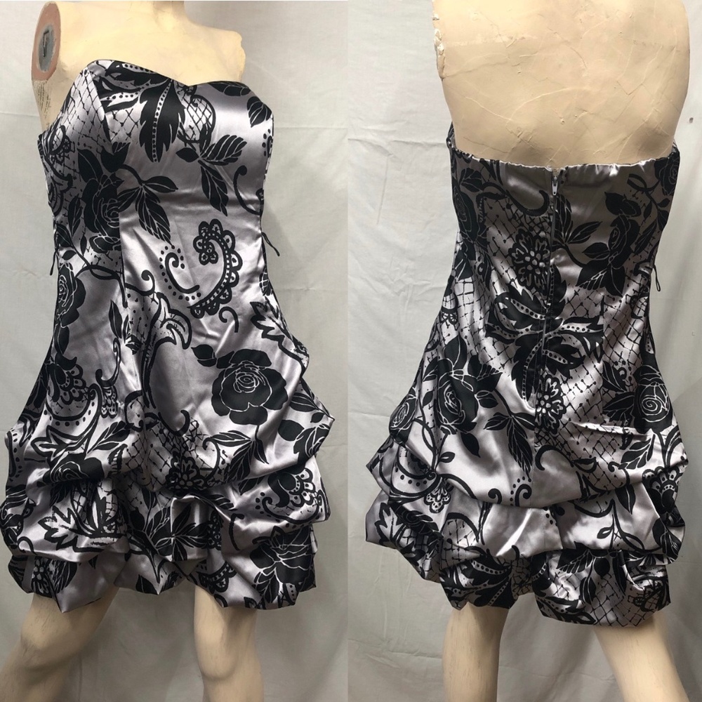 Y2K Silver/Black Floral Satin Short Formal Dress *Whimsigoth Party Occasion *11